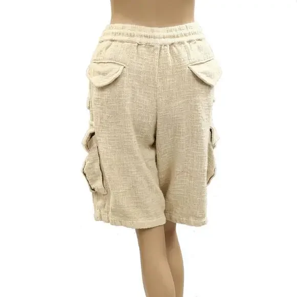 Free People Sea La Vie Cargo Shorts Mid Rise Pull-on Beach Beige Sz S #765 - Picture 4 of 13